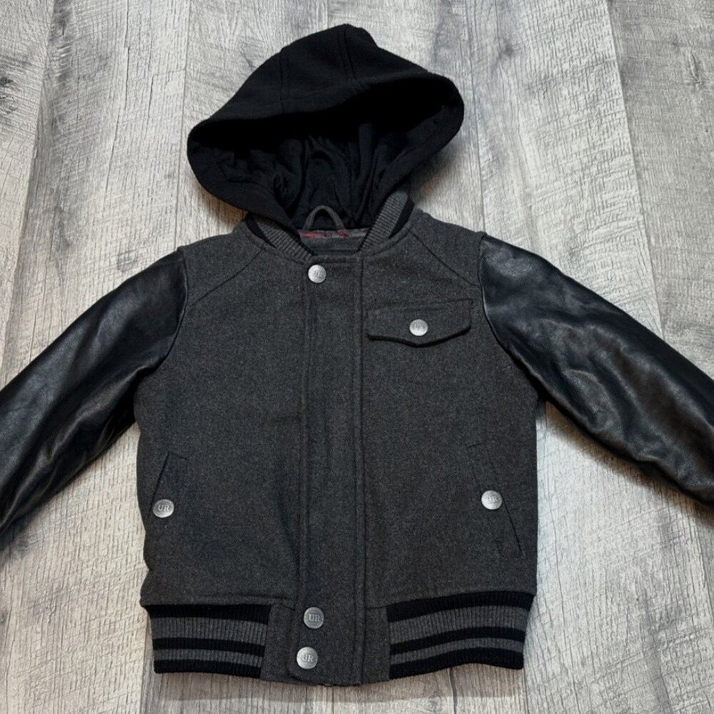 Urban Republic Wool Faux Leather Hooded Jacket Boys Medium 5-6 Black Biker - Picture 4 of 13